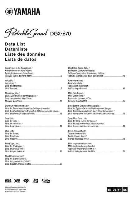 yamaha雅马哈DGX-670 Data List